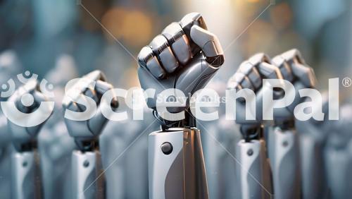 A Group Of Robots With Metallic Fists Raised Against A Glowing Background, Symbolizing Technology, Rebellion, Or Solidarity. Panorama With Copy Space.